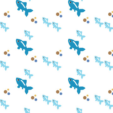 Sea fish pattern Cute cartoon blue fish baby print Sea vacation design white background