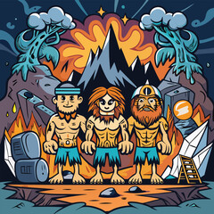 Cartoonish Neanderthal Trio Cartoon Cavemen Orange And Blue Rocks Computer Ladder