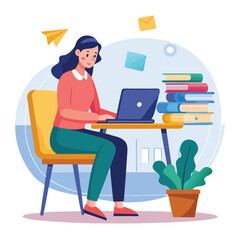 a girl is using his laptop vector