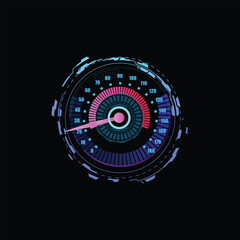 Vector illustration of car speedometer panel in neon blue and pink colors with arrow and dial.