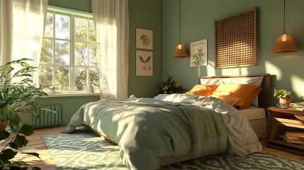 Fototapeta premium Cozy Scandinavian bedroom in green tones with large window and indoor plants