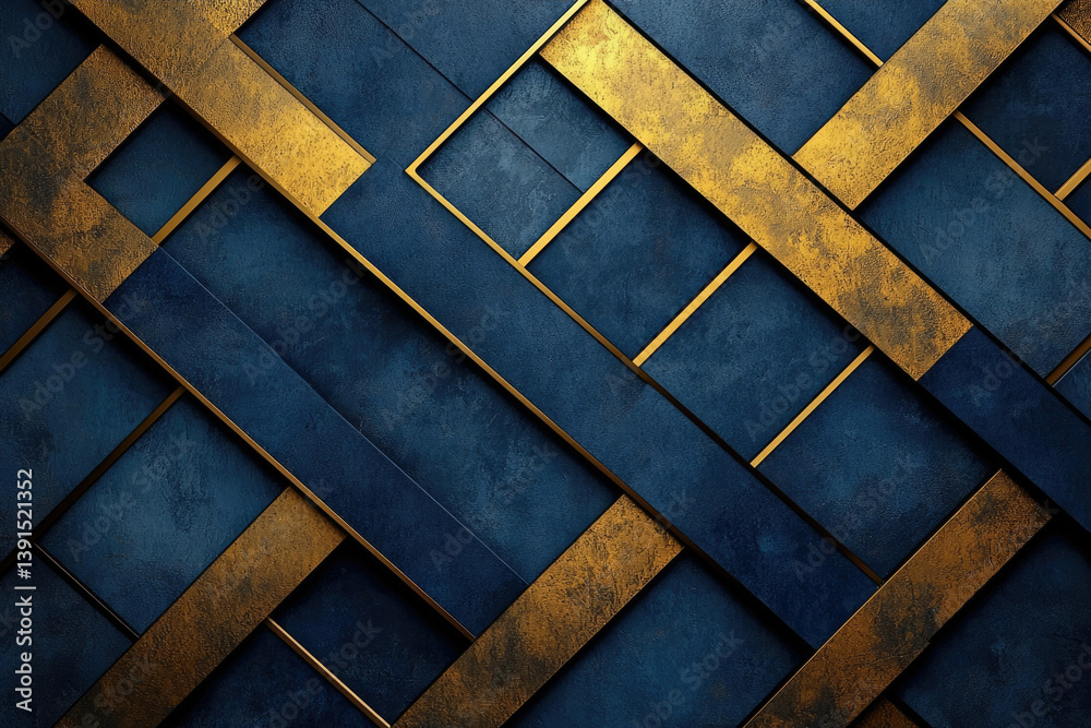 Poster abstract geometric background with intersecting gold and navy blue stripes creating a luxurious, tex