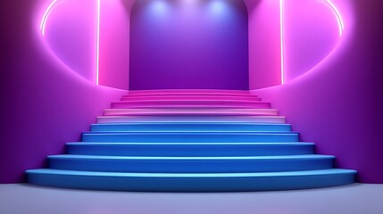 Neon-lit staircase in vibrant colors.
