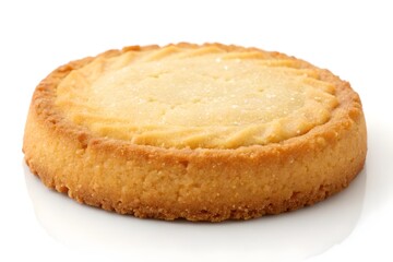 A buttery shortbread cookie, golden and inviting, perfect for afternoon tea, with a crisp texture and subtle sweetness against a bright white background.