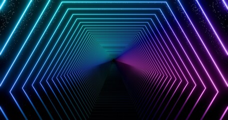 Futuristic glowing neon gate background. Abstract shining retro digital gates in perspective. Black starry sky. 3D rendering.