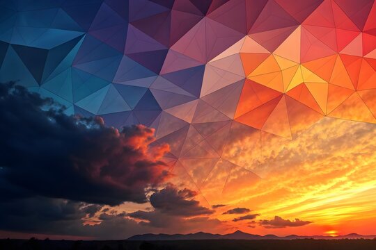 A breathtaking sunset sky transformed into a vibrant geometric mosaic, showcasing fiery oranges, deep blues, and dramatic clouds in a low-poly style.