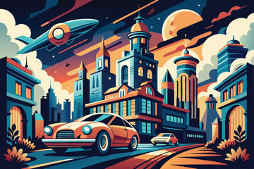 Naklejka premium Retro Cars Driving Through Stylized Cityscape with Flying Saucer and Big Moon