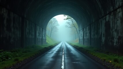 Obraz premium Wet empty road through dark tunnel into misty forest landscape showing silent solitude 