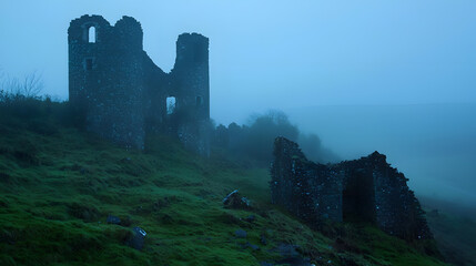 Fototapeta premium Ancient Stone Fortress: An imposing stone fortress stands defiantly against the test of time, its weathered walls shrouded in an ethereal mist, inviting a journey to the past.