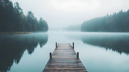 Serene Lake Pier: A tranquil wooden pier extends into a calm lake, enveloped by mist, creating a scene of serene beauty and natural harmony.