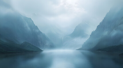 Fototapeta premium Mystic Lake in the Mountains: A serene landscape of towering mountains, shrouded in a misty veil, embracing a tranquil lake, a stunning view of untamed natural beauty.