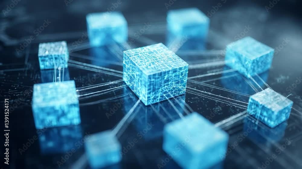 Poster visual representation of blockchain technology interconnected blocks showcasing data flow digital