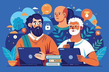 Diverse People using Laptops, Flat Design Style with Icons, Trees, and Plants Motif