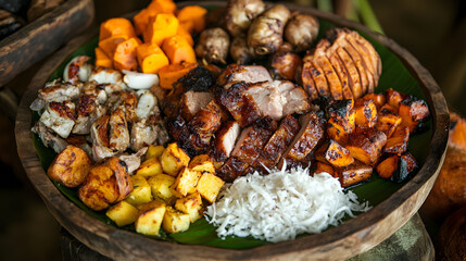 food, meat, dinner, meal, healthy, chicken, vegetable, gourmet, cuisine, barbecue, grilled, plate, fried, snack, cooking, mushroom, delicious, pork, lunch, dish, fresh, traditional, beef, fruit, diet