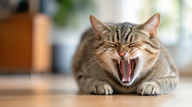 A tabby cat is yawning widely while laying on the floor