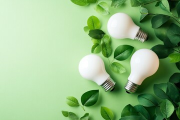 Light Bulbs and Green Leaves Arranged on Green Background Flat Lay