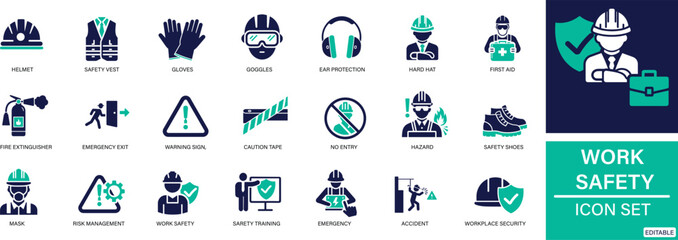 Clean and modern icon set featuring work safety, , helmets, and hazard symbols. Perfect for construction, factories, safety manuals, and training materials.