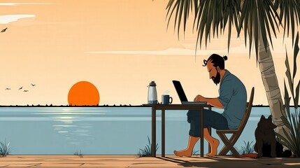 Man Using Laptop on Beach with Dog and Sunset Illustration