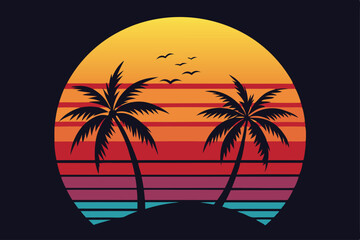 Retro Style Palm Tree Silhouettes, Sunset Backdrop with Striped Color, Tropical Birds