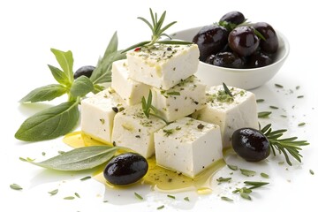 Cubes of fresh feta cheese, seasoned with herbs and surrounded by olives and fresh herbs, glistening with olive oil, a Mediterranean culinary delight.