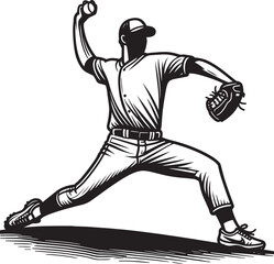 Naklejka premium Baseball Pitcher throwing ball Silhouettes Vector Illustrations isolated on a white background