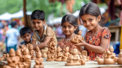 Children looking at small clay figurines displayed on a table