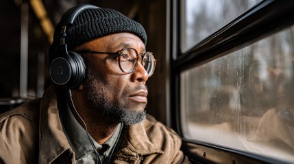 Man with Headphones Looking out Window