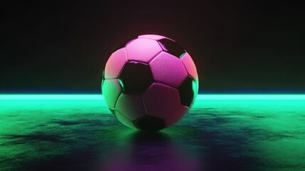 Futuristic pink soccer ball on a vibrant green and black platform