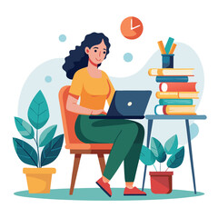 a girl is using his laptop vector