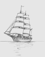 Majestic yacht sailing ship with large sails, cruising on the ocean waves, drawn in an engraved, woodcut style sketch vector illustration. Scratch board. Black and white image. EPS 10 version.