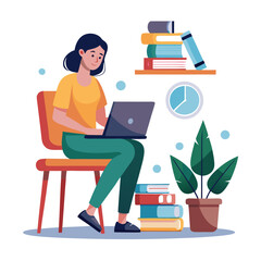 a girl is using his laptop vector