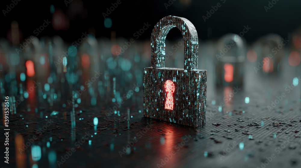 Aufkleber glowing digital padlock stands amidst floating binary code, symbolizing cybersecurity and data protection in futuristic setting. scene conveys sense of security and innovation