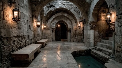 Fototapeta premium Stone arched passage with lanterns and benches showcasing architectural design