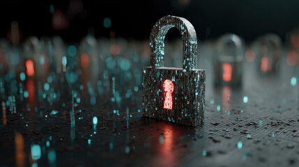 glowing digital padlock stands amidst floating binary code, symbolizing cybersecurity and data protection in futuristic setting. scene conveys sense of security and innovation