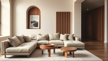 Fototapeta premium Modern Minimalist Living Room Overhead View with White Sectional, Round Tables, and Sunlit Windows