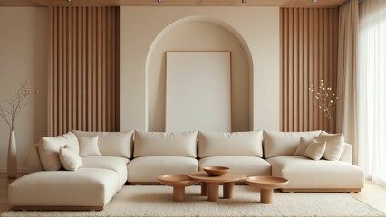 Modern Minimalist Living Room Overhead View with White Sectional, Round Tables, and Sunlit Windows
