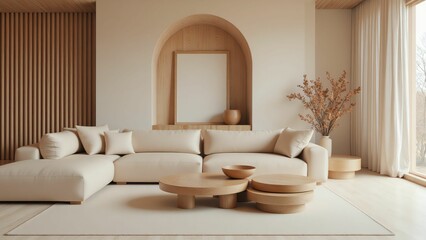 Modern Minimalist Living Room with Beige Sectional Sofa, Round Wood Tables, and Arched Architectural Details