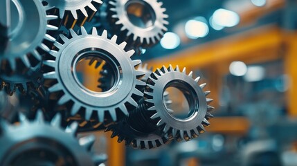 A close-up view of metallic gears showcasing intricate details and reflections, set against a blurred industrial background.