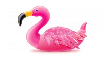 Fototapeta premium A vibrant pink inflatable flamingo is prominently isolated on a pristine white background, a wonderful creation by generative AI. The distinct and eye-catching shape of the flamingo, with its bright 