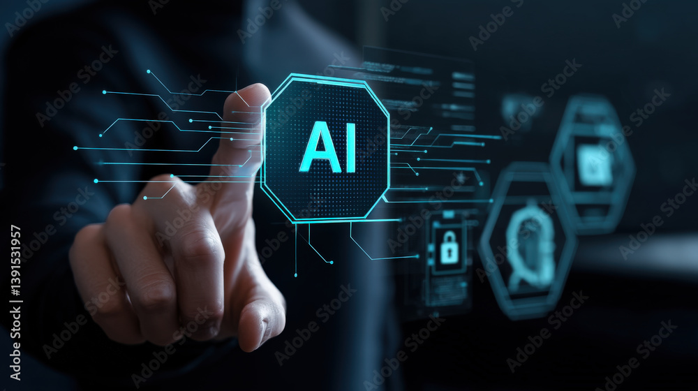 Leinwandbilder person interacts with digital interface displaying ai technology concepts, highlighting cybersecurit