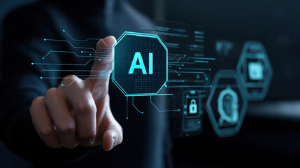 person interacts with digital interface displaying AI technology concepts, highlighting cybersecurity protocols and futuristic design elements