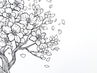 Blooming cherry tree, spring, white background, nature art, design element