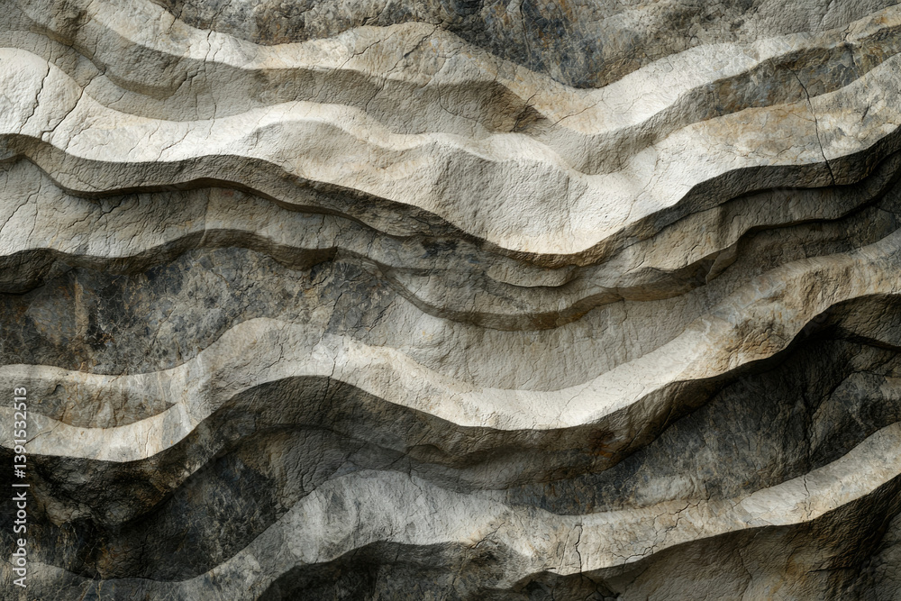 Poster Abstract layered rock formation, showcasing undulating patterns and textures in grayscale.