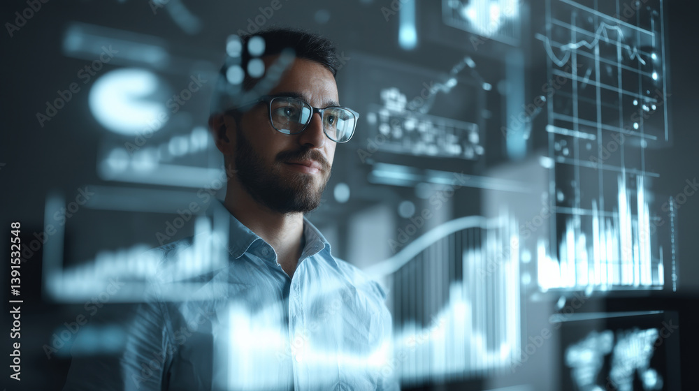 Fototapete business analyst stands confidently in front of holographic screen displaying various data charts and graphs, reflecting futuristic and innovative work environment