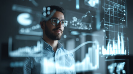 business analyst stands confidently in front of holographic screen displaying various data charts and graphs, reflecting futuristic and innovative work environment