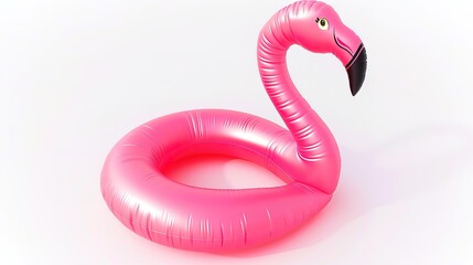 Fototapeta premium A vibrant pink inflatable flamingo is prominently isolated on a pristine white background, a wonderful creation by generative AI. The distinct and eye-catching shape of the flamingo, with its bright 