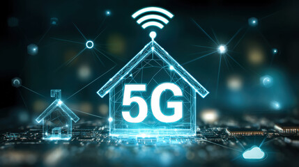 glowing digital representation of smart home with 5G connectivity highlights concept of advanced home automation. image features futuristic design with network symbol