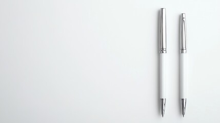 Two sleek silver and white pens standing vertically on a minimalist white background, and showcasing elegance and simplicity in design.