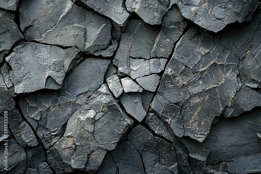 Poster a close-up view of dark, fractured rock surface showing intricate cracks and textures.
