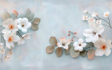 White Floral Arrangement on Textured Light Blue Backdrop Delicate Blossoms with Soft Lighting and Artistic Watercolor Feel Creates Serene Spring Aesthetic